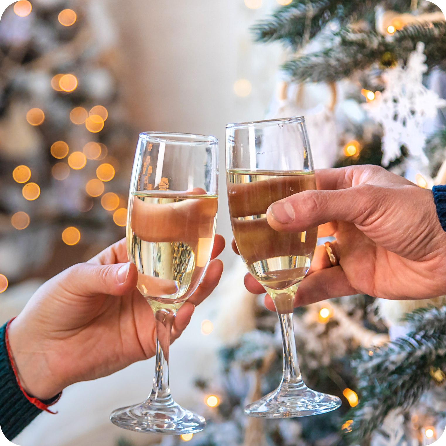 Two people clinking champagne glasses by a decorated Christmas tree with festive lights