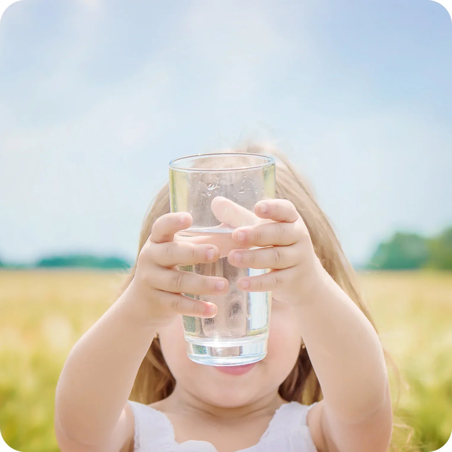 Young girl holding a glass of clear water outdoors in a sunny field, hydration concept