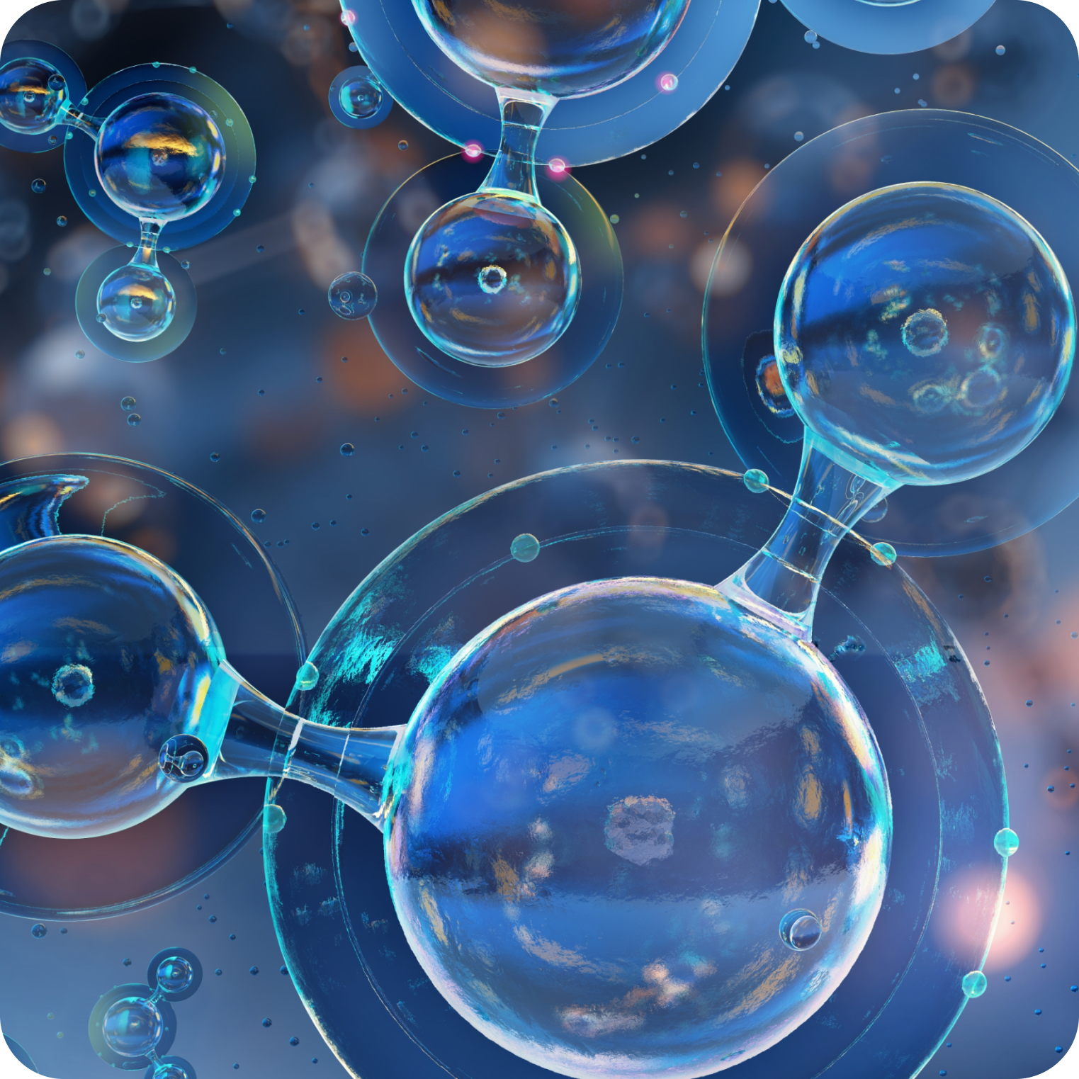 Molecular structure with blue and clear spheres on a dark background