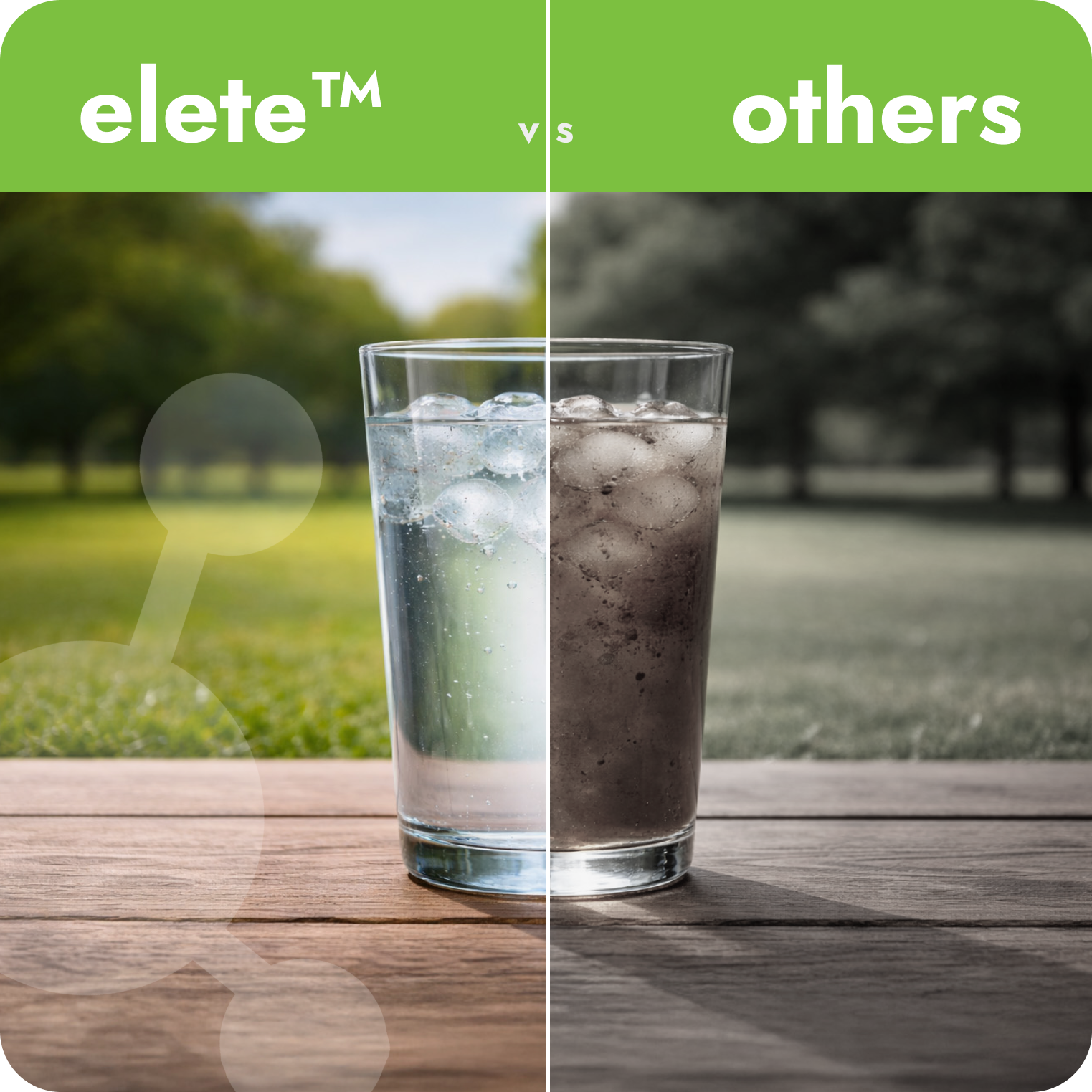 Glass of clear electrolyte drink compared to cloudy drink, outdoors, elete vs others.