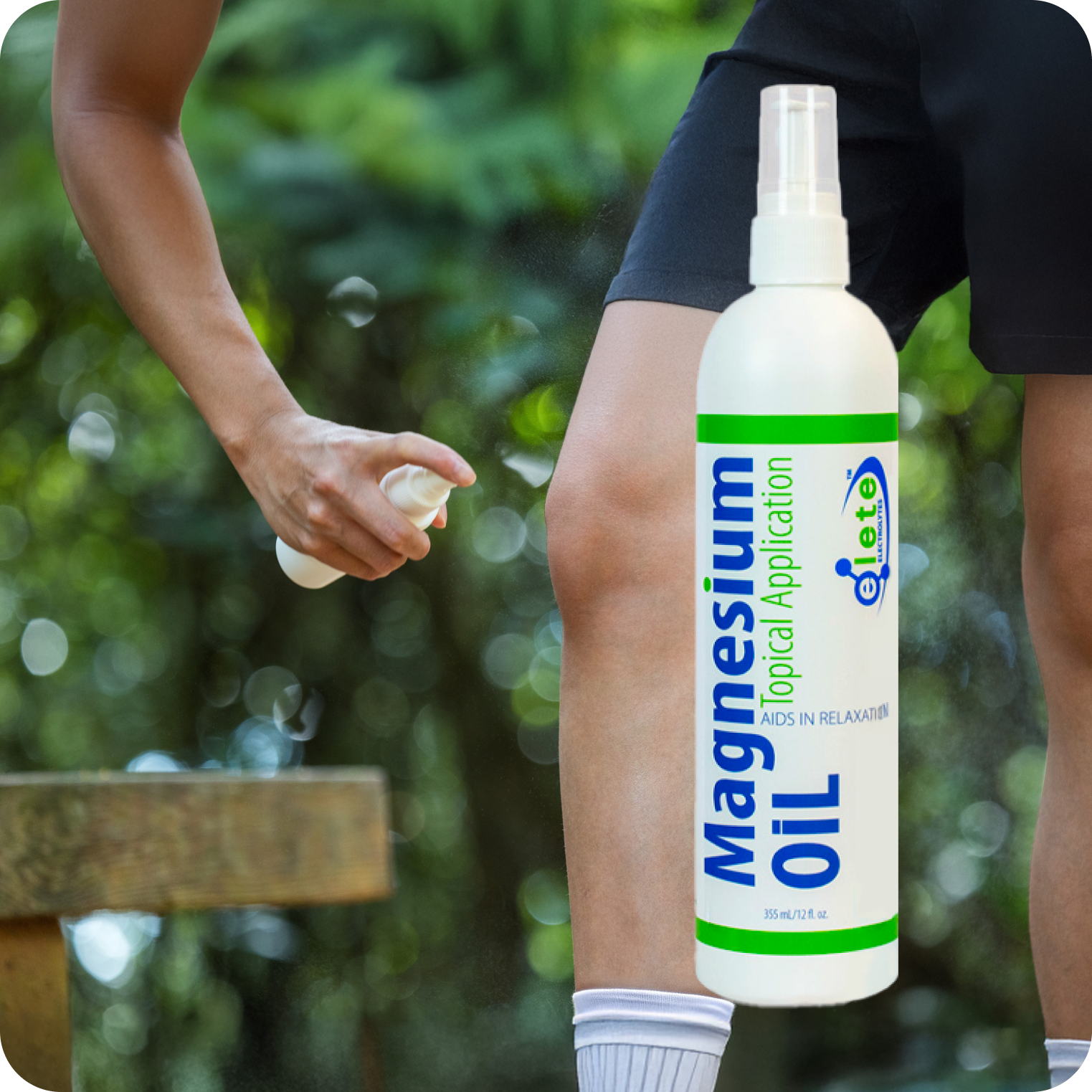 Person spraying magnesium oil topical application on leg outdoors, electrolyte-rich mineral spray
