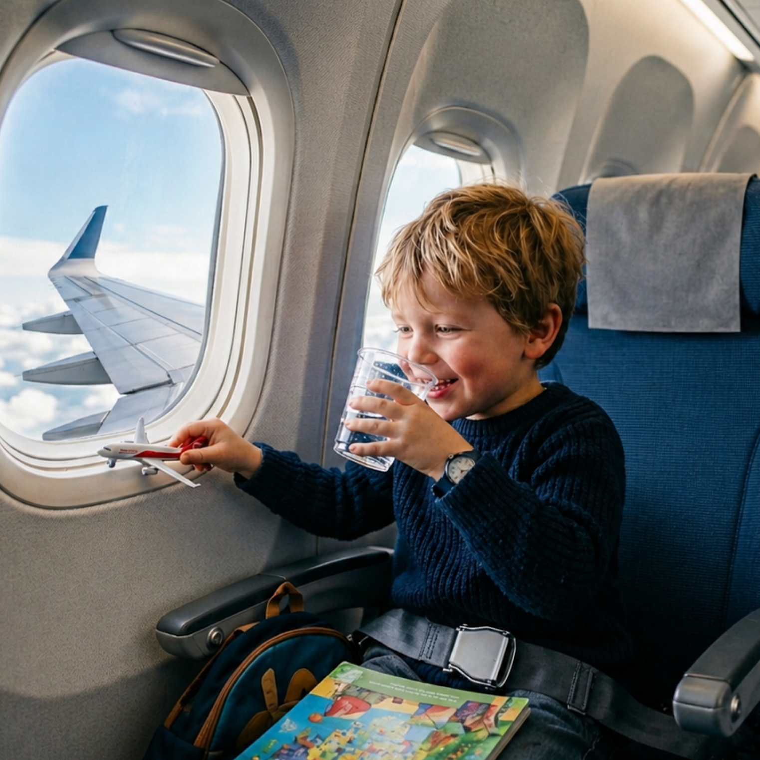 Boy drinking a glass of water on an aeroplane, playing with a toy plane