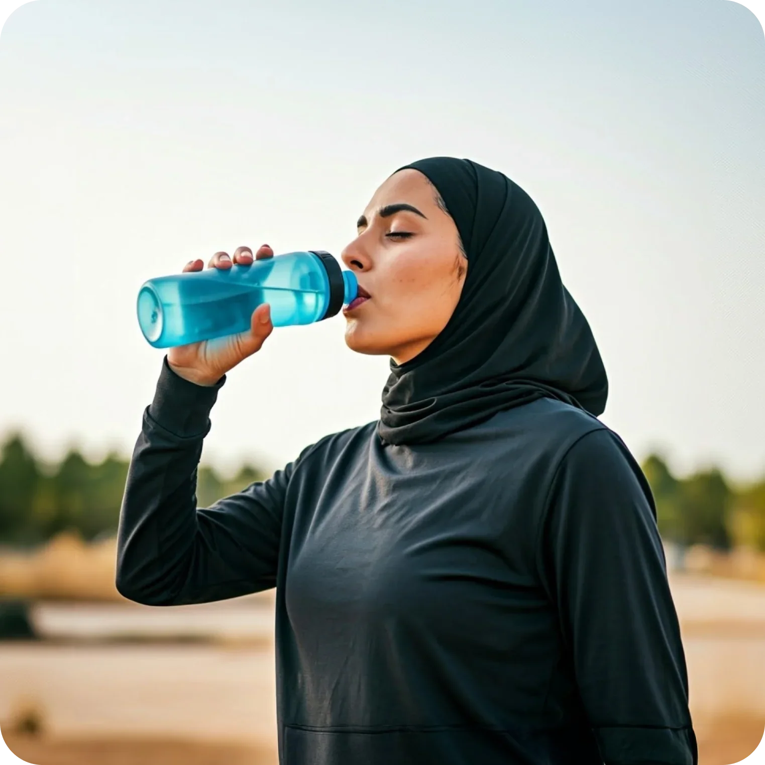 Woman in sportswear drinking electrolyte water outdoors for hydration