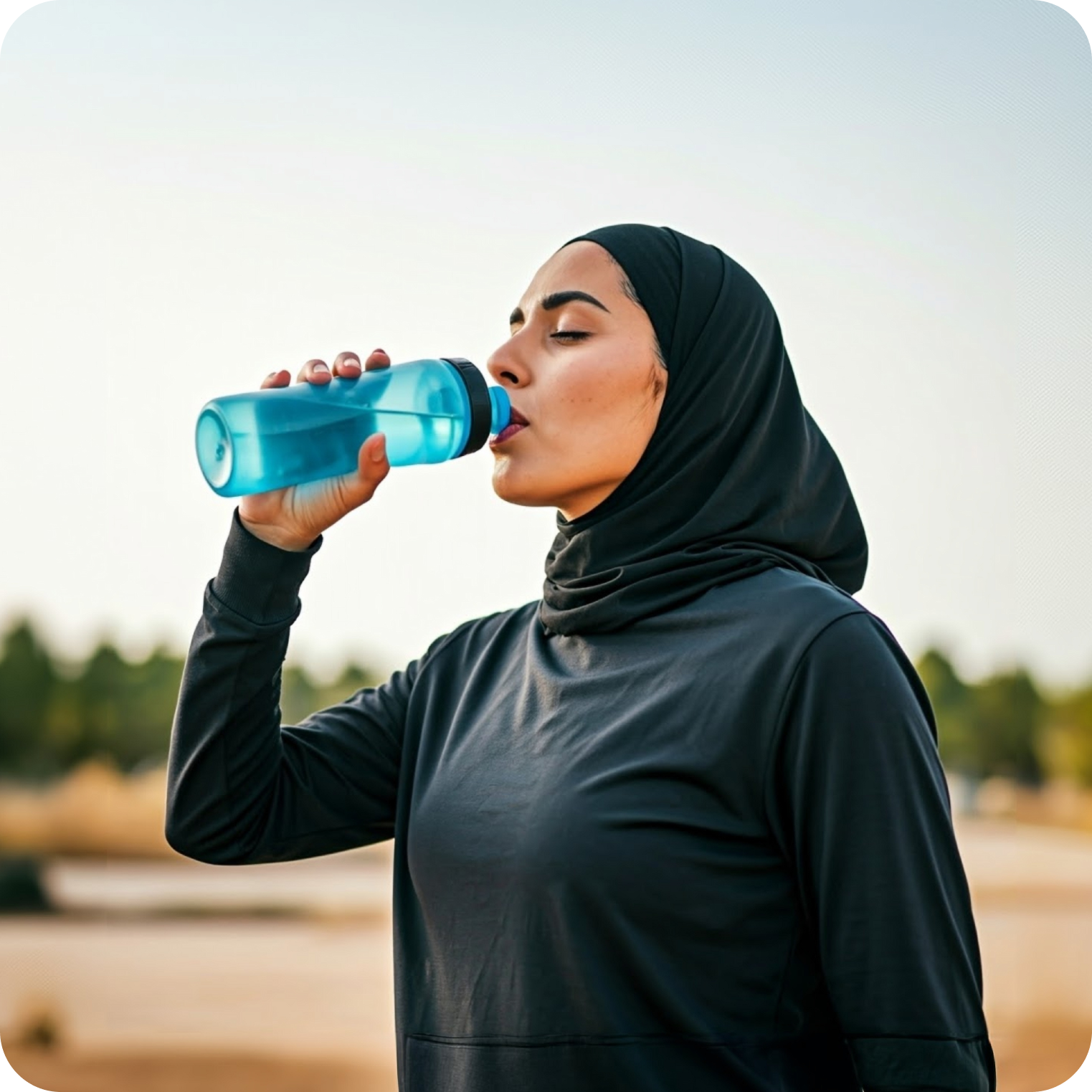 Woman in sportswear drinking electrolyte water outdoors for hydration