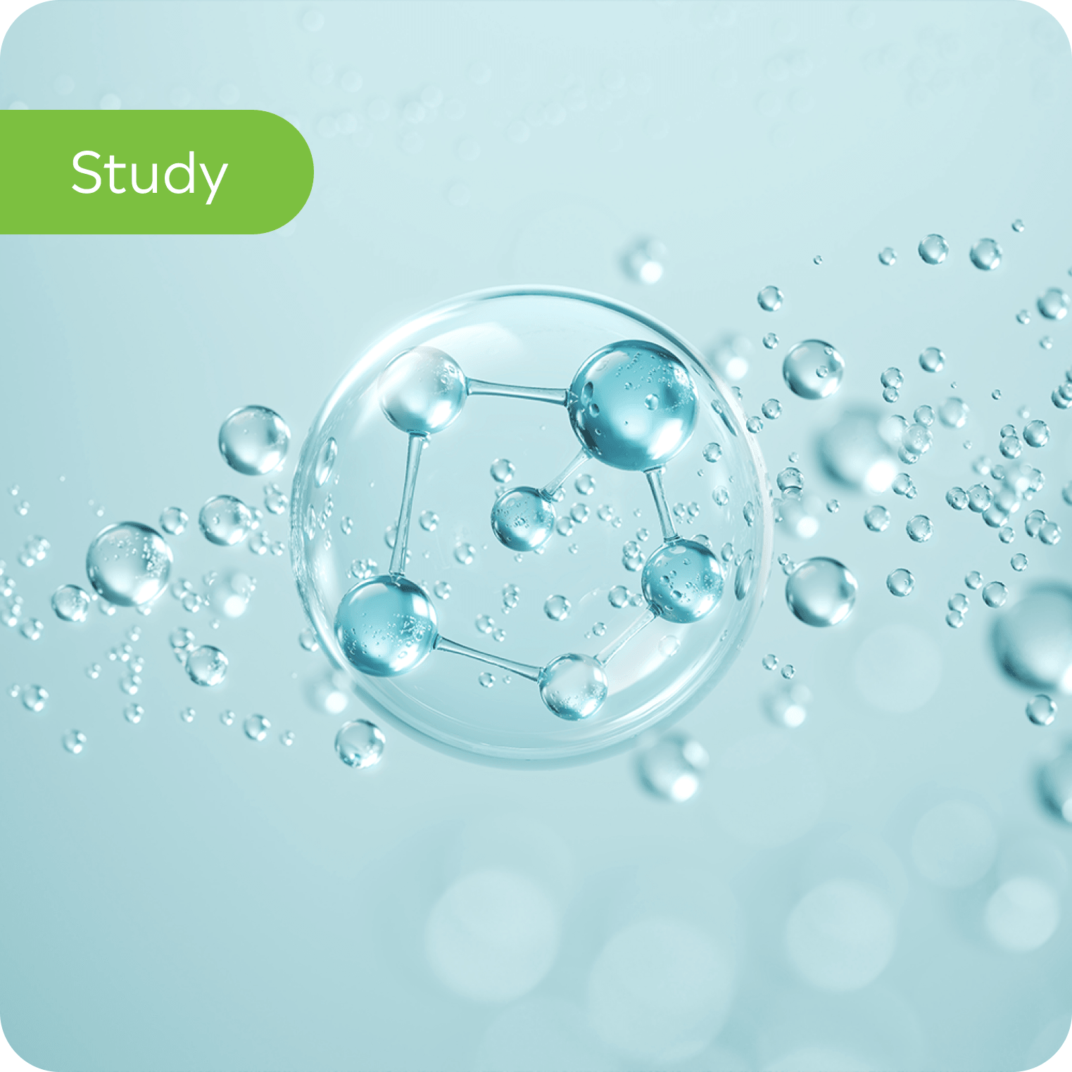 Molecule and water droplets representing natural electrolytes on a blue background, study label