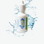 A white plastic dropper bottle labeled 'eliete LUCIOTE' with blue and green branding, centered against a light gray background with a blue water splash graphic behind it.